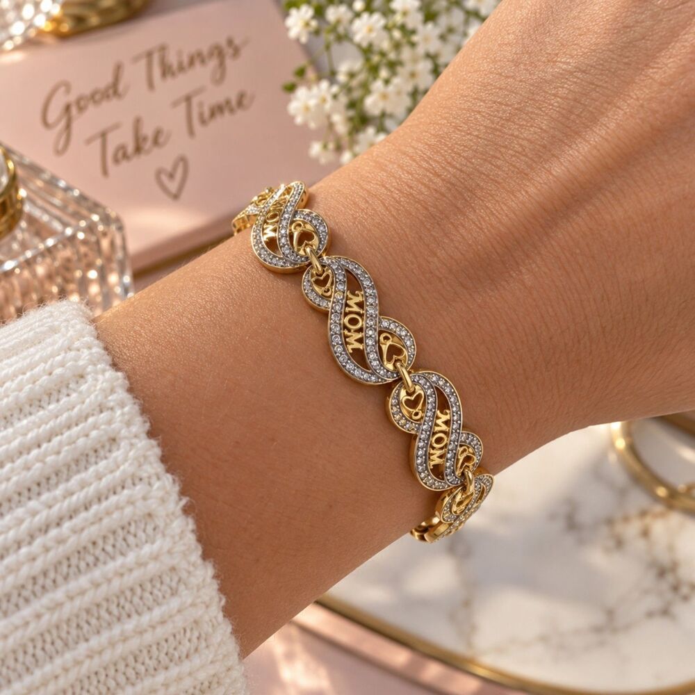 Mom Love Infinity Bracelet, Gold Tone Rhinestone Heart Bracelet, Mother Gift